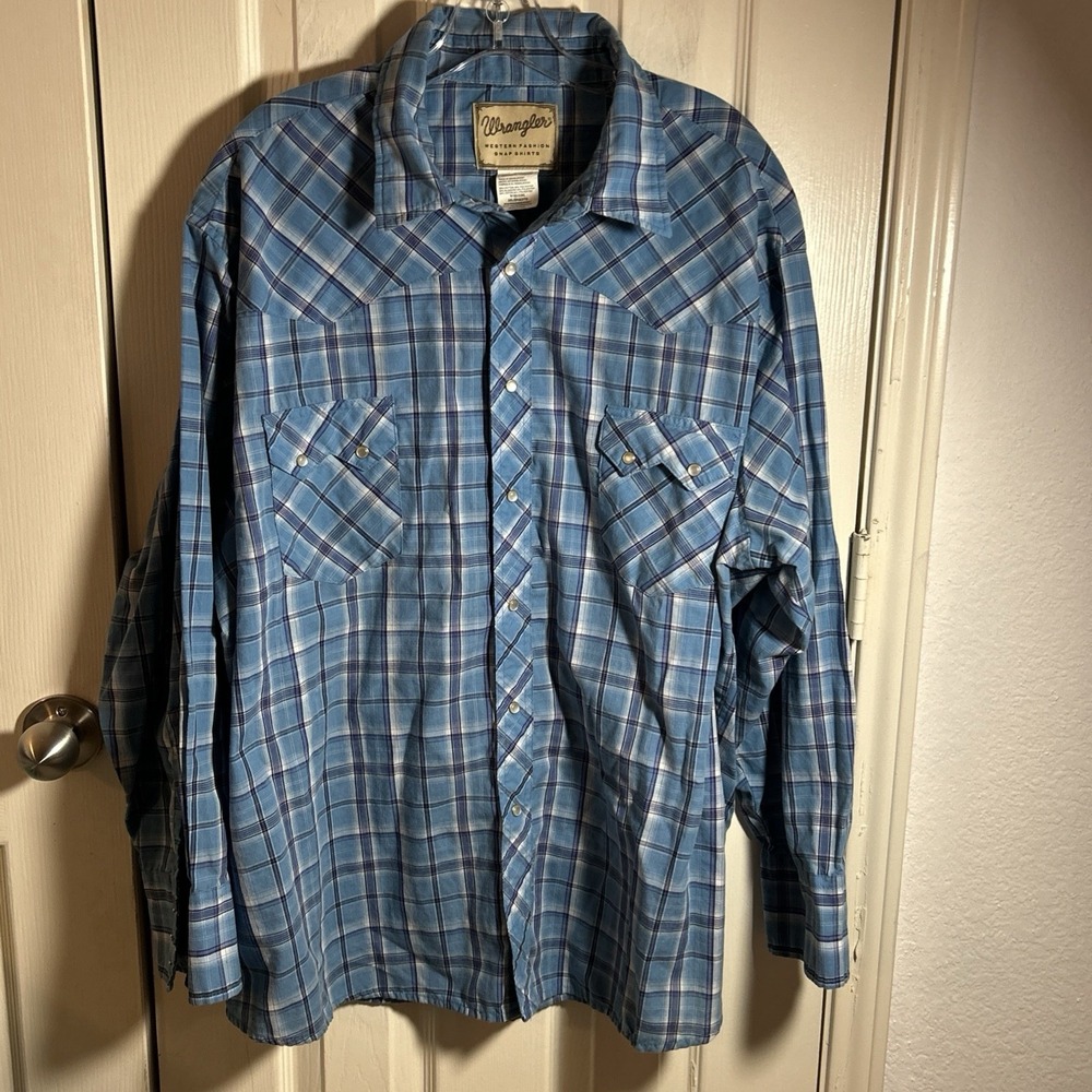 Wrangler Women's Long Sleeve Pearl Snap Blue Plaid Shirt Size 3XL Western